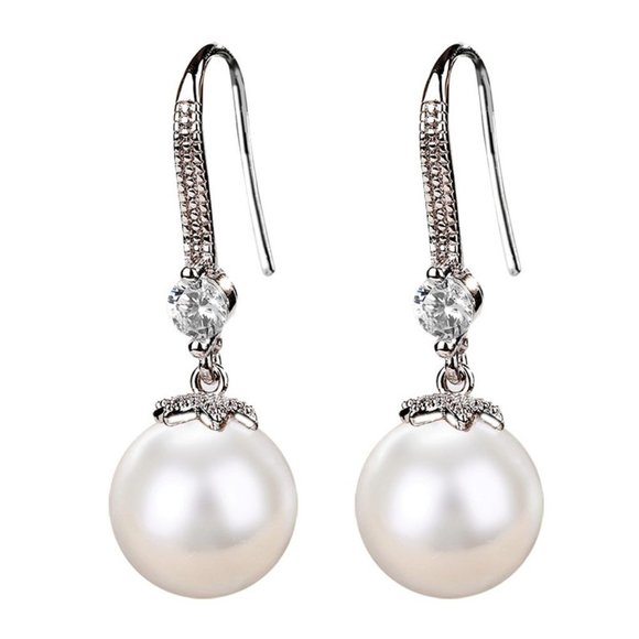 NEW Silver Round Diamond Pearl Drop Hook Earrings - Picture 5 of 5
